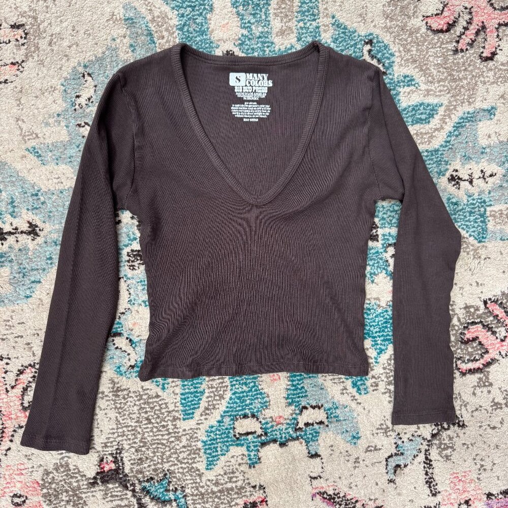 Big Bud Press Brown Long Sleeve V-neck Shirt Size Small
